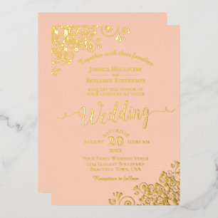 Elegant Gold Foil Lace op koraalperbruiloft Folie Uitnodiging