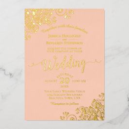 Elegant Gold Foil Lace op koraalperbruiloft Folie Uitnodiging