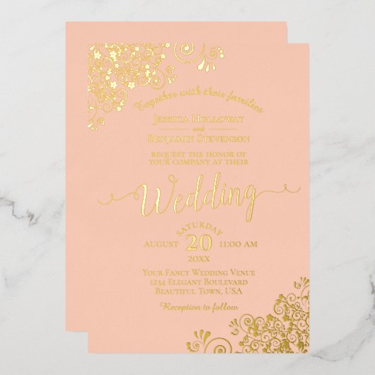 Elegant Gold Foil Lace op koraalperbruiloft Folie Uitnodiging (Voorkant / Achterkant)