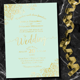 Elegant Gold Foil Lace over Bleek Mint Green Weddi Folie Uitnodiging