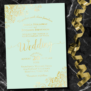 Elegant Gold Foil Lace over Bleek Mint Green Weddi Folie Uitnodiging
