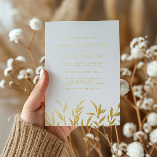 Elegant Gold Foil Leaves Wedding Folie Uitnodiging