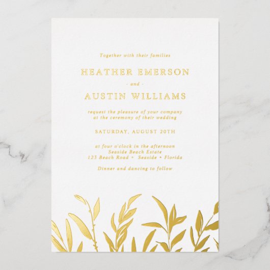 Elegant Gold Foil Leaves Wedding Folie Uitnodiging (Voorkant)