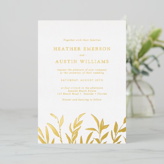 Elegant Gold Foil Leaves Wedding Folie Uitnodiging (Staand Voorkant)