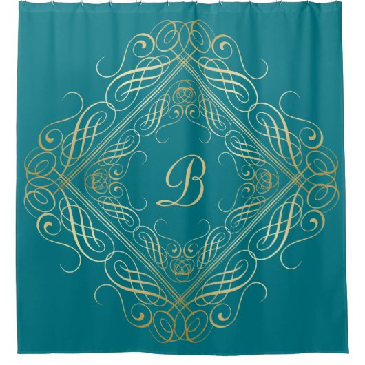 Elegant Gold Foil look Scrollwork Script op Blauwg Douchegordijn (Voorkant)