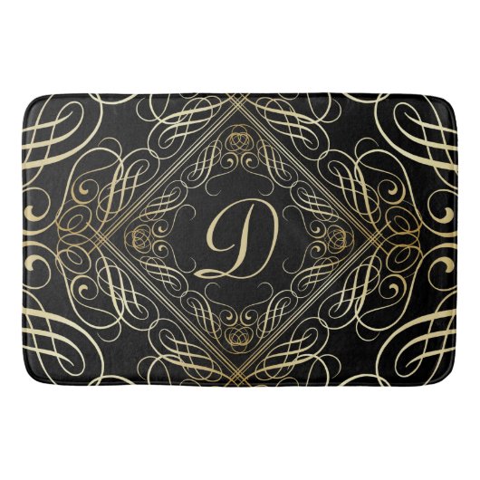 Elegant Gold Foil look Scrollwork Script op zwart Badmat (Voorkant)
