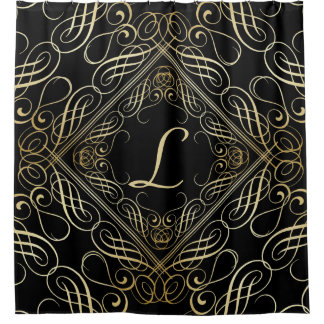 Elegant Gold Foil look Scrollwork Script op zwart Douchegordijn