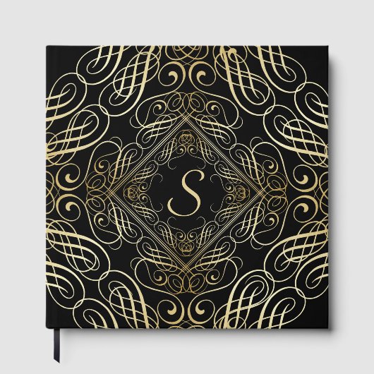 Elegant Gold Foil look Scrollwork Script op zwart Gastenboek (Voorkant)