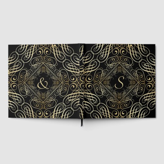 Elegant Gold Foil look Scrollwork Script op zwart Gastenboek (Volledig)