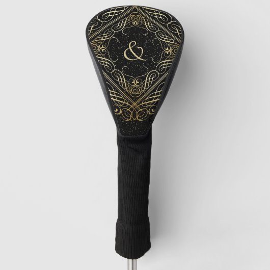 Elegant Gold Foil look Scrollwork Script op zwart Golfheadcover (Voorkant)