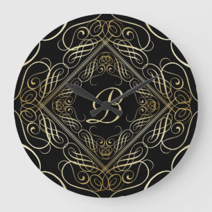 Elegant Gold Foil look Scrollwork Script op zwart Grote Klok