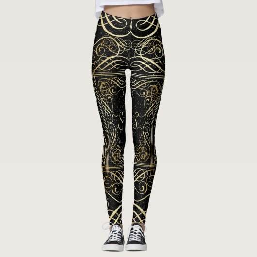 Elegant Gold Foil look Scrollwork Script op zwart Leggings (Voorkant)