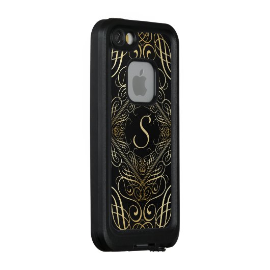 Elegant Gold Foil look Scrollwork Script op zwart LifeProof iPhone Hoesje (Achterkant / rechts)