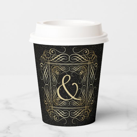Elegant Gold Foil look Scrollwork Script op zwart Papieren Bekers (Achterkant)