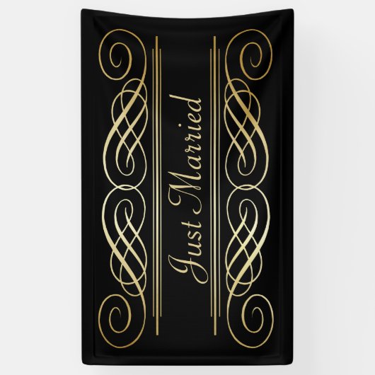 Elegant Gold Foil look Scrollwork Script op zwart Spandoek (Verticaal)