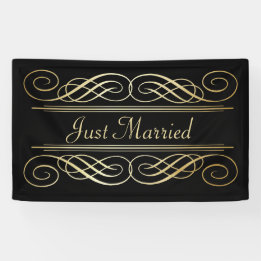 Elegant Gold Foil look Scrollwork Script op zwart Spandoek