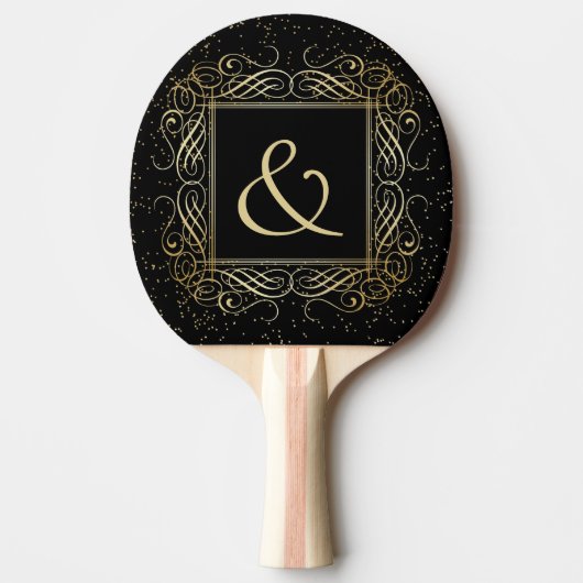 Elegant Gold Foil look Scrollwork Script op zwart Tafeltennisbatje (Voorkant)