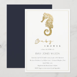 ELEGANT GOLD FOIL NAVY SEAHORSE BABY SHOWER INVITE BEDANKKAART