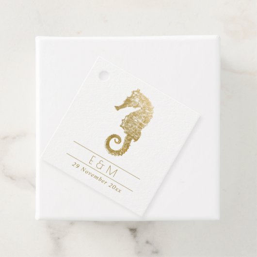 ELEGANT GOLD FOIL NAVY SEAHORSE MONOGRAM WEDDING BEDANKJES LABELS (In situ)