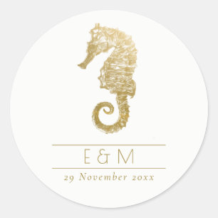 ELEGANT GOLD FOIL NAVY SEAHORSE MONOGRAM WEDING C RONDE STICKER