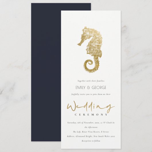 ELEGANT GOLD FOIL NAVY SEAHORSE WEDDING INVITATION KAART (Voorkant / Achterkant)