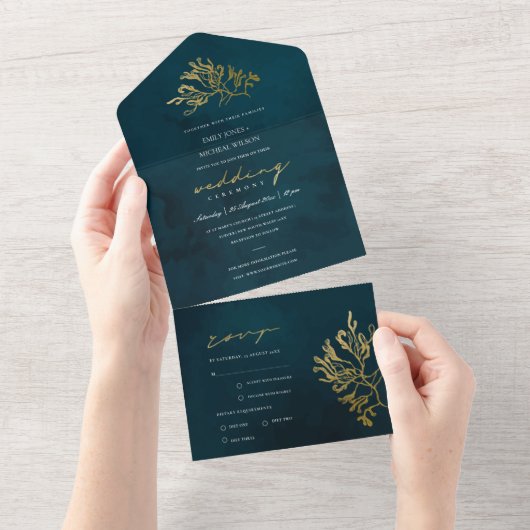 ELEGANT GOLD FOIL NAVY UNDERWATER SEAWEEDS WEDDING ALL IN ONE UITNODIGING (Afscheurbaar)