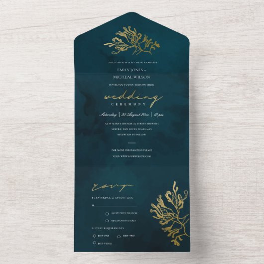 ELEGANT GOLD FOIL NAVY UNDERWATER SEAWEEDS WEDDING ALL IN ONE UITNODIGING (Binnen)