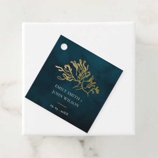 ELEGANT GOLD FOIL NAVY UNDERWATER SEAWEEDS WEDDING BEDANKJES LABELS (In situ)