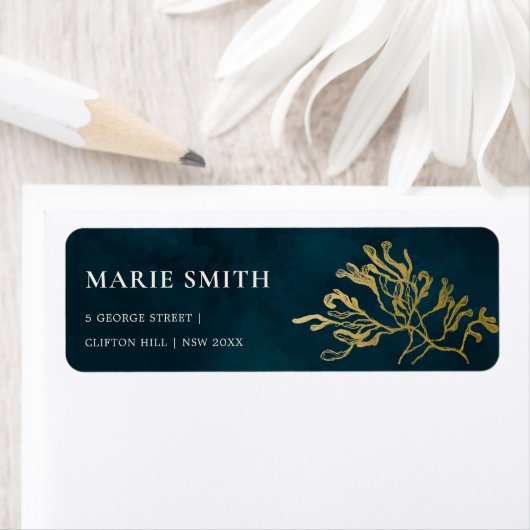 ELEGANT GOLD FOIL NAVY UNDERWATER SEAWEEDS WEDDING ETIKET (Insitu)