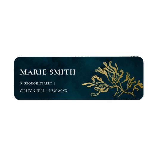 ELEGANT GOLD FOIL NAVY UNDERWATER SEAWEEDS WEDDING ETIKET (Voorkant)