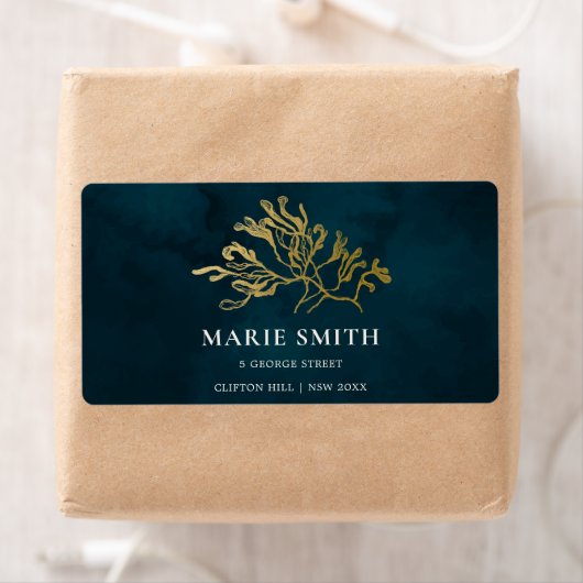 ELEGANT GOLD FOIL NAVY UNDERWATER SEAWEEDS WEDDING ETIKET (Insitu)