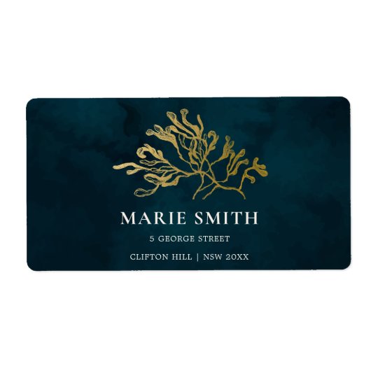 ELEGANT GOLD FOIL NAVY UNDERWATER SEAWEEDS WEDDING ETIKET (Voorkant)