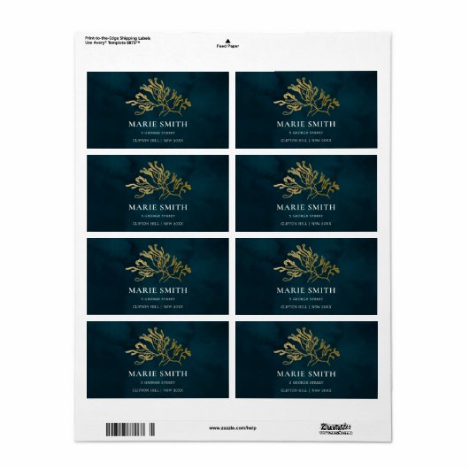 ELEGANT GOLD FOIL NAVY UNDERWATER SEAWEEDS WEDDING ETIKET (Full Sheet)