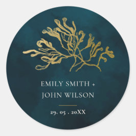 ELEGANT GOLD FOIL NAVY UNDERWATER SEAWEEDS WEDDING RONDE STICKER