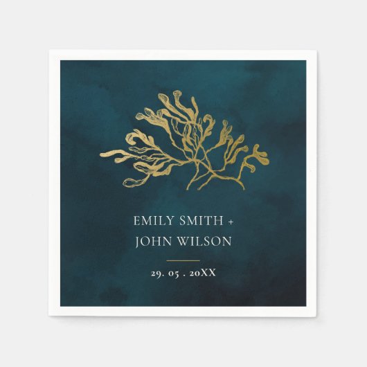 ELEGANT GOLD FOIL NAVY UNDERWATER SEAWEEDS WEDDING SERVET (Voorkant)