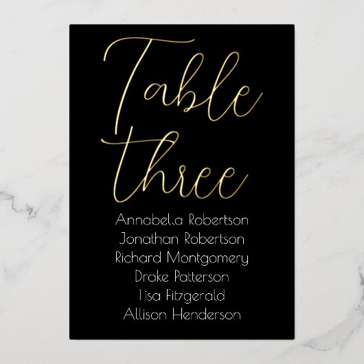 Elegant Gold Foil op Black Wedtable Number Folie Uitnodiging (Voorkant)