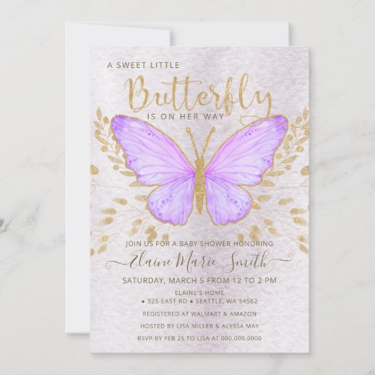 Elegant Gold Foil Paars Butterfly Baby shower Kaart (Voorkant)