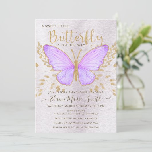 Elegant Gold Foil Paars Butterfly Baby shower Kaart (Staand voorkant)