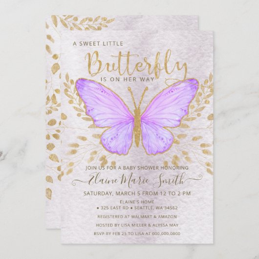 Elegant Gold Foil Paars Butterfly Baby shower Kaart (Voorkant / Achterkant)