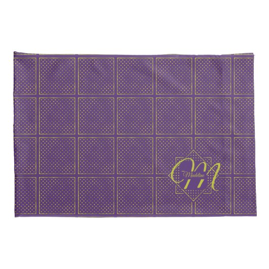 Elegant Gold Foil Polka Dots op Paarse monogram Kussensloop (Achterkant-Rechts)