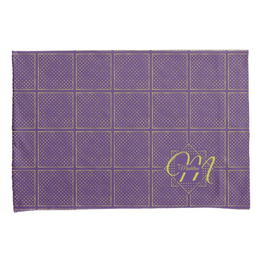 Elegant Gold Foil Polka Dots op Paarse monogram Kussensloop (Voorkant-Rechts)