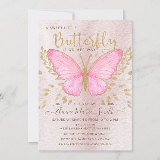 Elegant Gold Foil roze Butterfly Baby shower Invi Kaart (Voorkant)