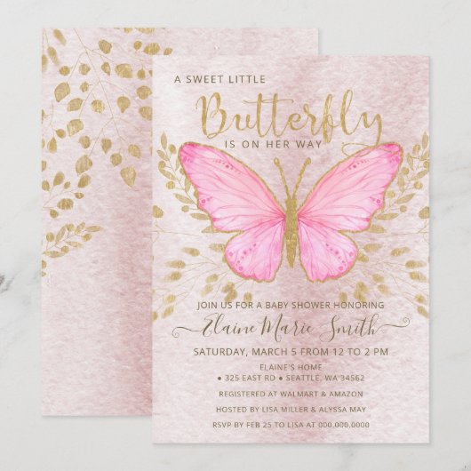 Elegant Gold Foil roze Butterfly Baby shower Invi Kaart (Voorkant / Achterkant)