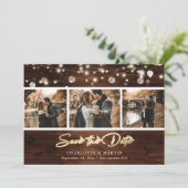 Elegant Gold Foil Rustic Wood Lights Weddenfoto Save The Date (Staand voorkant)