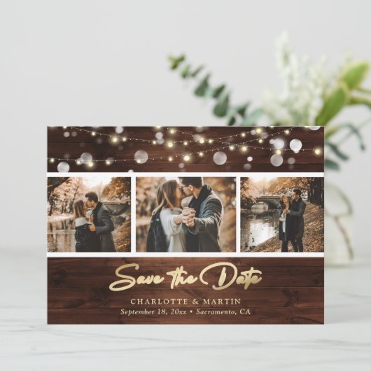 Elegant Gold Foil Rustic Wood Lights Weddenfoto Save The Date (Staand voorkant)