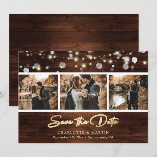 Elegant Gold Foil Rustic Wood Lights Weddenfoto Save The Date (Voorkant / Achterkant)
