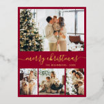Elegant Gold Foil Script Collage Holiday Briefkaar Folie Feestdagen Briefkaart<br><div class="desc">Elegant Calligraphy Minimalist Gold Foil Script Red 4 Foto Collage Merry kerstvakanay Card. Deze festieve, imitalistische, grillige sjabloon met vier (4) fotovakantiekaarten is voorzien van een fotocollage en zegt "Vrolijk kerstfeest"! De tekst met de groet "Merry Kerstmis" is geschreven in een mooi handschrift met de opschrift Zwemel-staart lettertype in goud...</div>