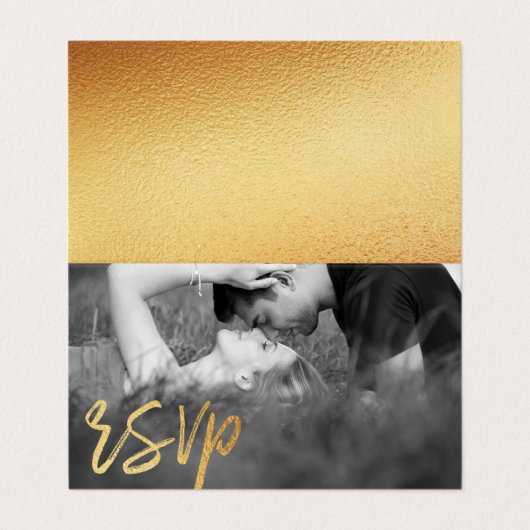 Elegant Gold Foil Script Double Photo RSVP-kaart Visitekaartje (Buitenkant ongevouwen)