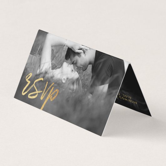 Elegant Gold Foil Script Double Photo RSVP-kaart Visitekaartje (Voorkant)