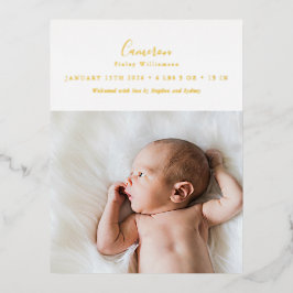 Elegant Gold Foil Script Foto geboorteaankondiging Folie Uitnodiging Briefkaart